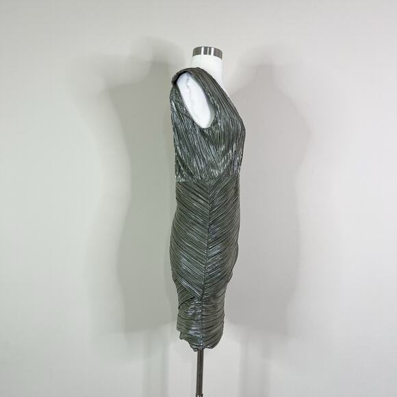 Maje | Romea Metallic Green Plisse Bandage V Neck Designer Mini Dress 38 Medium - Picture 6 of 12
